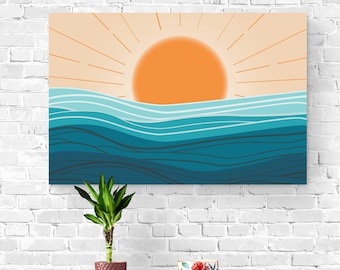Sun and Ocean Digital Download, Beach House Decor, Boho Beach Print, Ocean Waves Print, Ocean Wall Art, Abstract Sun, Abstract Landscape
