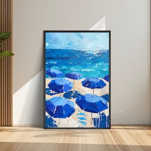Blue Beach Umbrellas Print, Beach umbrella printable beach digital poster aerial beach print
