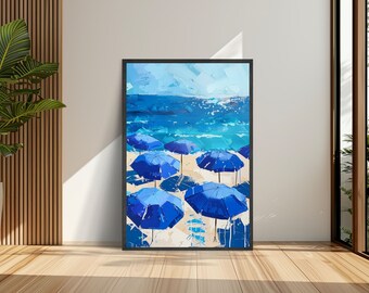 Blue Beach Umbrellas Print, Beach umbrella printable beach digital poster aerial beach print