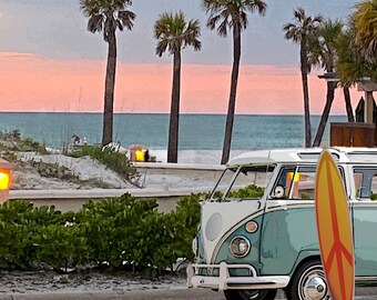 Retro Van and Ocean Prints, Beach House Decor, Boho Beach Print, Ocean Waves Print, Ocean Wall Art, Abstract Sun, Abstract Landscape