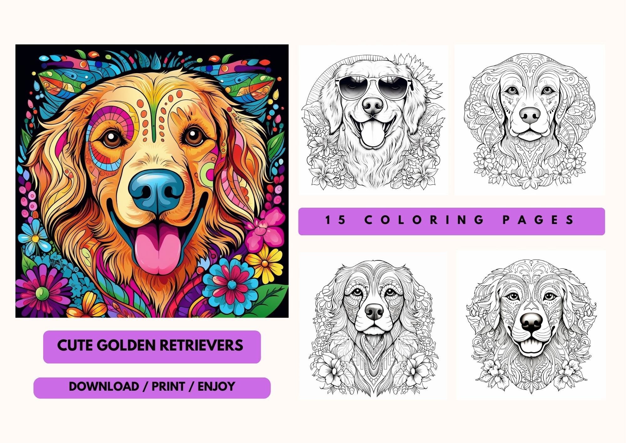 Printable Coloring Pages / Cute Golden Retrievers / Mandala / - Etsy