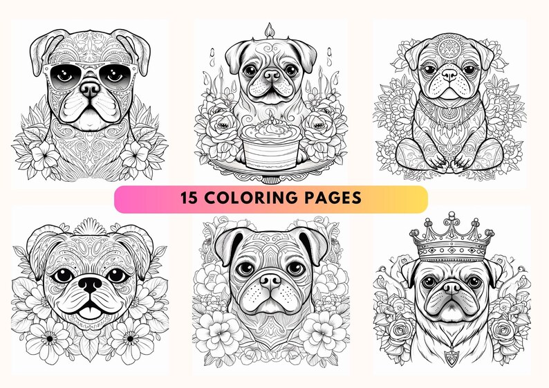 Printable Coloring Pages / Cute Pugs / Mandala / Fun Activity for