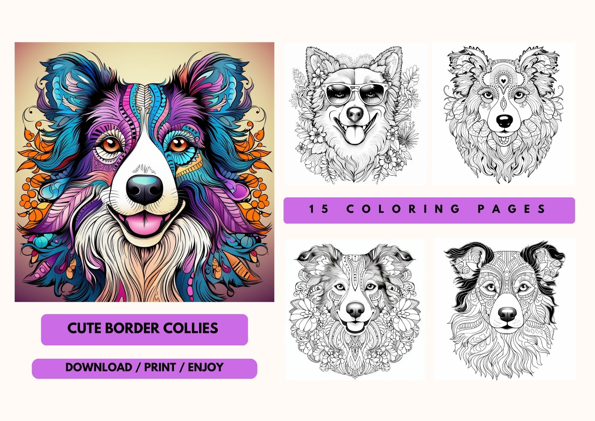 Printable Coloring Pages / Cute Border Collies / Mandala / Fun Activity