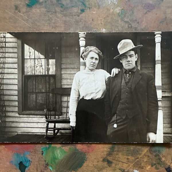 1910's Antique Photograph / Couple Poses on Farmhouse Porch / Original Vintage Photo / RPPC / Americana