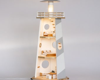 3-storey modern lighthouse dollhouse with lights and furniture. 1:12 scale wooden playhouse with modern design