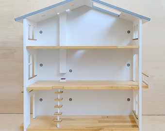 Large wooden 3-storey dollhouse with lights and magnetic wall. Modern design, 1/12 scale