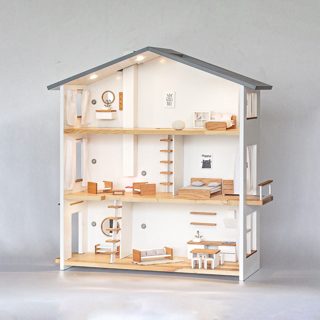 Large Wooden 3-storey Dollhouse With Lights, Magnetic Wall and ...