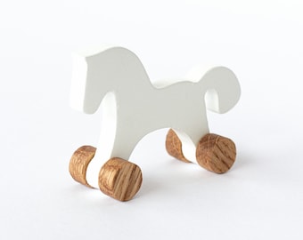 Minature Ride-on Wheeled Horse for 1:12 Dollhouses. White Body – Wooden Wheels