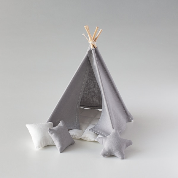 Cozy Grey Tepee for Dollhouses with Mattress and Pillows. Scale 1:12.