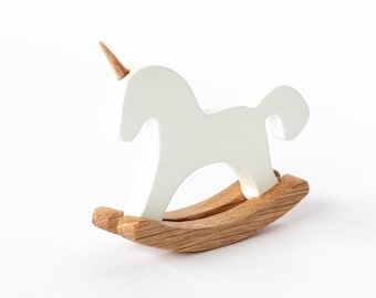 Miniature Rocking Unicorn for 1:12 Dollhouses. White Body – Wooden Skids