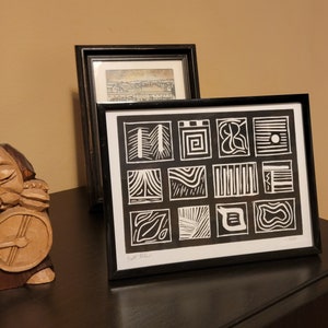 Original Geometric Black and White Linoleum Block Print