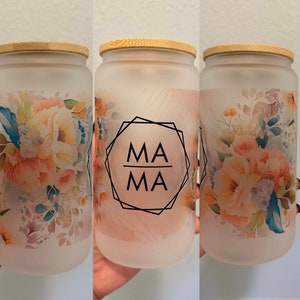 Retro Mama 18oz frosted glass cup Vintage Flower design w/ bamboo lid &  straw