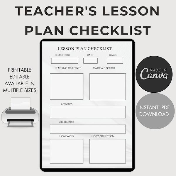 Teacher Lesson Plan Checklist - Daily Lesson Organizer - Instant Download - Classroom Management - Home School Planner - Teacher Gift