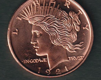 One Ounce .999 Pure Copper Round Peace Dollar Design 39mm