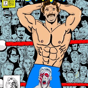 May include: A comic book cover featuring a wrestler named Sting. The cover is yellow and black with a red and white wrestling ring. The wrestler is shirtless and has a painted face. The cover also features a crowd of people in the background.