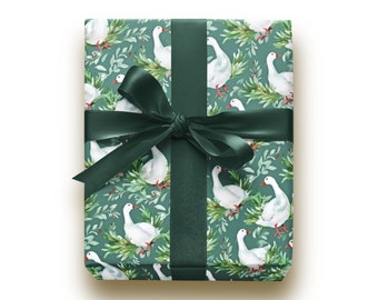 White Christmas Geese Wrapping Paper Roll, Preppy Mod Holiday Gift Wrap with White Geese and Holly