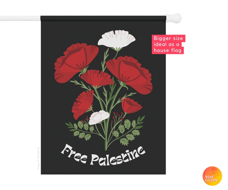 May include: Black flag featuring red and white poppy flowers with the text "Free Palestine" in a retro font.