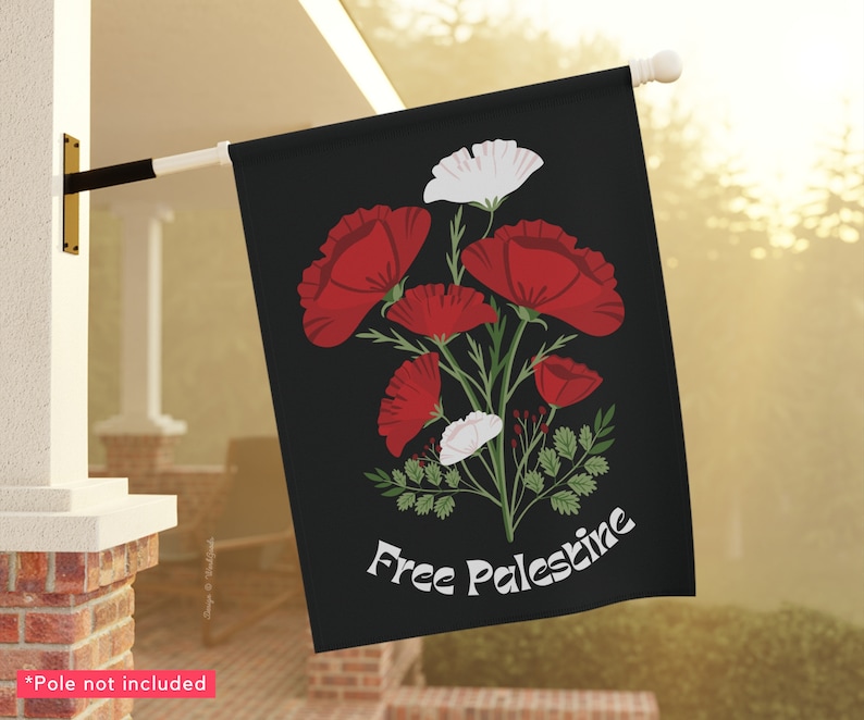 This pro-Palestine banner flag for gardens and houses by WerkGoods features the words "Free Palestine" with an illustration of red and white poppy flowers–one of the most recognized symbols of Palestine.