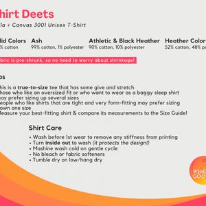 May include: A graphic with information about Bella + Canvas 3001 Unisex T-Shirt. The graphic includes the text "Shirt Deets" and details about the fabric composition of the shirt in different colors, including solid colors, ash, athletic & black heather, and heather colors. The graphic also includes a section titled "Tips" with information about sizing and a section titled "Shirt Care" with instructions on how to care for the shirt.