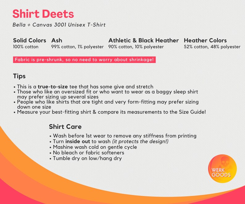 May include: A graphic with information about Bella + Canvas 3001 Unisex T-Shirt. The graphic includes the text "Shirt Deets" and details about the fabric composition of the shirt in different colors, including solid colors, ash, athletic & black heather, and heather colors. The graphic also includes a section titled "Tips" with information about sizing and a section titled "Shirt Care" with instructions on how to care for the shirt.