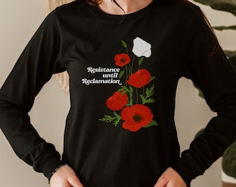 Palestine Long-Sleeve Shirt: Resistance Poppy Flower Illustration