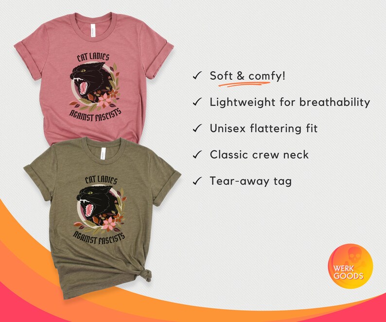 May include: Two t-shirts with a black panther graphic and the text "Cat Ladies Against Fascists". The shirts are in a light pink and a dark green color.