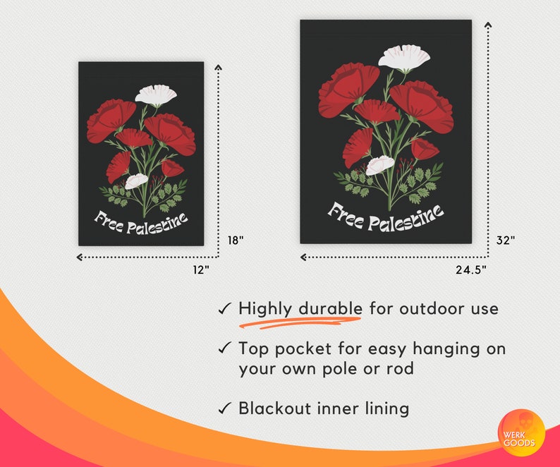 May include: Black flag with red and white poppy flowers and the text "Free Palestine" printed in white. The flag is 30.5 cm wide and 45.7 cm tall.