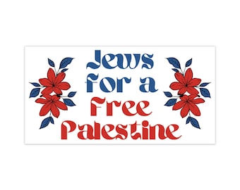 May include: A white background with red flowers and blue leaves on either side of the text "Jews for a Free Palestine" in blue and red.