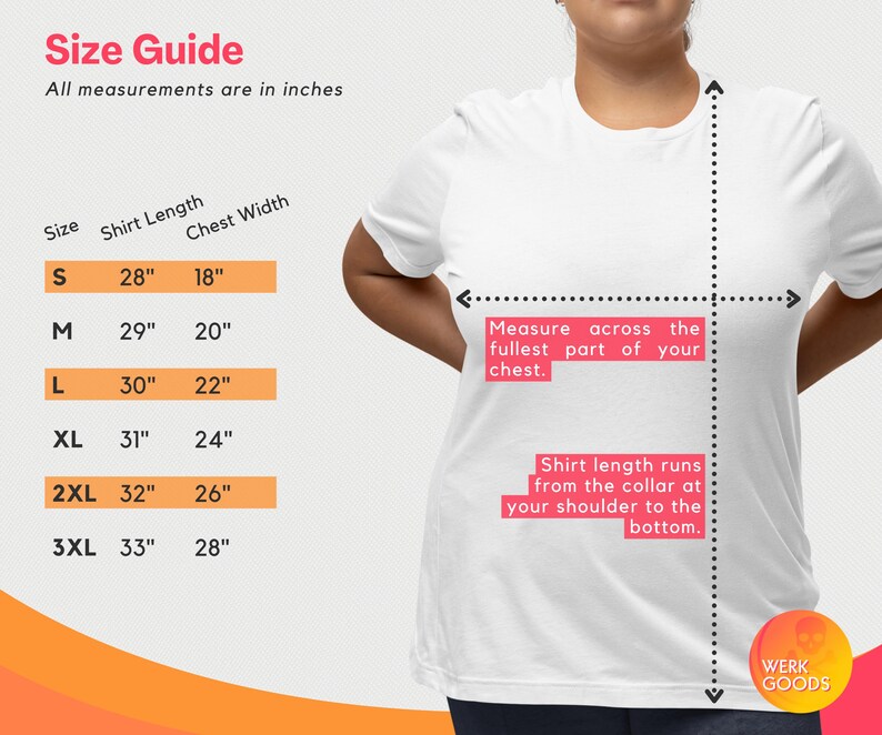 May include: Size chart for a white t-shirt with measurements in inches for shirt length and chest width. Sizes range from S to 3XL.