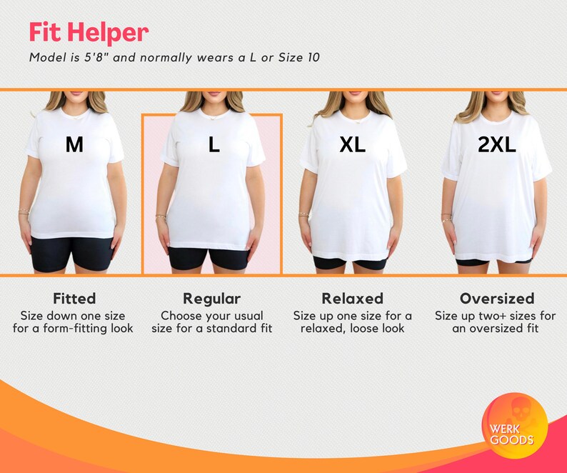 May include: A size chart for t-shirts showing four different sizes: M, L, XL, and 2XL. Each size is modeled on a person wearing a white t-shirt and black shorts. The chart also includes descriptions of the fit for each size: Fitted, Regular, Relaxed, and Oversized.