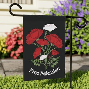 This pro-Palestine banner flag for gardens and houses by WerkGoods features the words "Free Palestine" with an illustration of red and white poppy flowers–one of the most recognized symbols of Palestine.