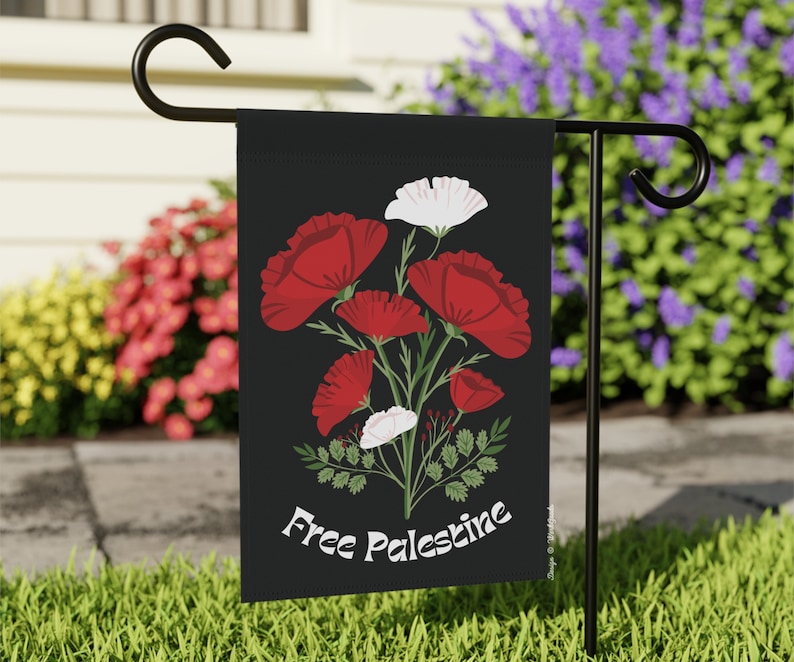 This pro-Palestine banner flag for gardens and houses by WerkGoods features the words "Free Palestine" with an illustration of red and white poppy flowers–one of the most recognized symbols of Palestine.
