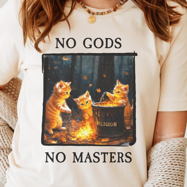 No Gods No Masters Shirt, Cute Retro Atheist Shirt, Goth Punk Anti Religion Shirt, Blasphemous Pagan Novelty Shirt,Halloween Witch Cat Shirt