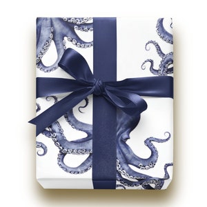 Indigo Chinoiserie Octopus Wrapping Paper Roll, Preppy Gift Wrap for Nautical Gifts and Parties