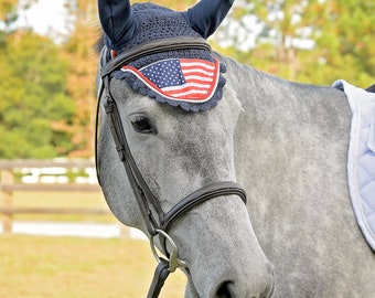 American / USA / US Flag Independence Day Horse Fly Bonnet Fly Veil Ear Net Fly Mask Fly Hood Horse Costume Cotton Crochet Handmade