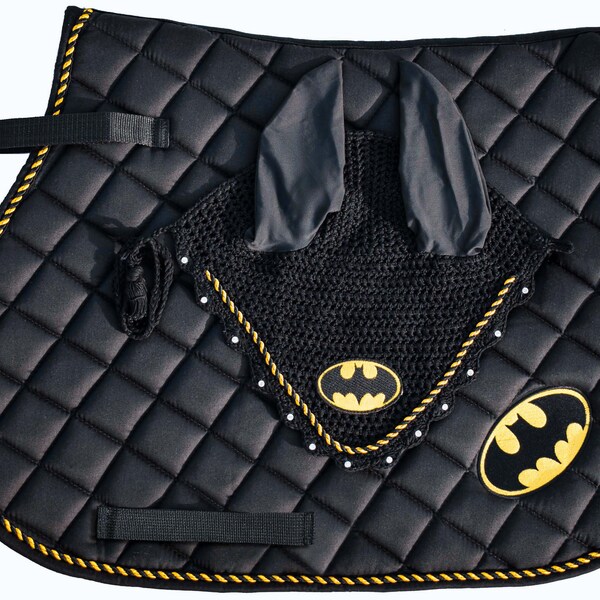 Batmaaa Superhero All Purpose English Saddlepad and Matching Fly bonnet Set Saddle Cloth Fancy Fly Veil with diamante crystals on edge curve