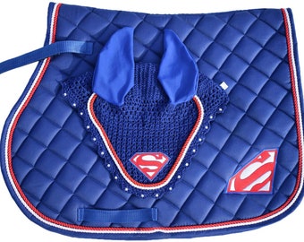 Royal Blue All Purpose English Saddlepad and Matching Fly bonnet Set Nummah Fancy Fly Veil with diamante crystals on edge curve Horse Gift