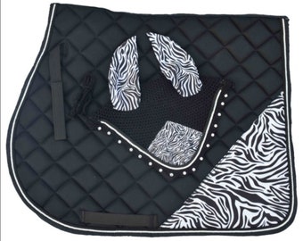 Zebra Print All Purpose English Saddlepad and Matching Fly bonnet Set Saddle Cloth Ear Net Fly Veil with diamante crystal on edge curves