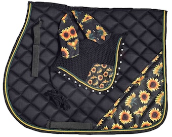 Sunflower All Purpose English Saddlepad and Matching Fly bonnet Set Saddle Cloth Fancy Fly Veil with diamante crystals on edge curves