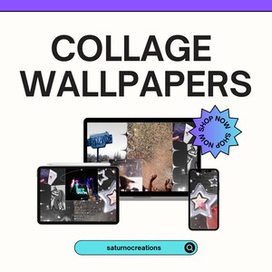 Può includere: Un collage di sfondi digitali che presenta una varietà di immagini, tra cui un cartello che dice "Badlands", glitter e una folla di persone con le mani alzate in aria. Il collage è visualizzato su un laptop, un tablet e uno smartphone. Il testo "COLLAGE WALLPAPERS" è nella parte superiore dell'immagine, e un adesivo circolare con il testo "SHOP NOW" è nell'angolo in alto a destra.