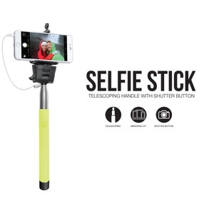 May include: A selfie stick with a telescoping handle and a shutter button. The stick is yellow and black and has a universal fit for most smartphones. The image shows a couple taking a selfie with the stick.