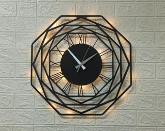 Octagonal Metal Wall Clock with LED Light, Unique Wall Clock, Wall Clock Suitable for Living Room, Super Wall Clock, Housewarming Gift