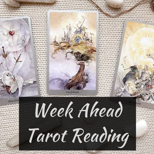 May include: Three tarot cards with watercolour illustrations. The first card is the Three of Swords, depicting a white bird with a red heart pierced by three swords. The second card is the Ten of Wands, showing a tree with a castle on top. The third card is the Two of Cups, featuring two birds with a sun in the background. The text "Week Ahead Tarot Reading" is displayed below the cards.