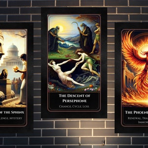 May include: Three tarot cards with illustrations and text. The first card shows a sphinx with a human head and a lion's body. The text reads "The Riddle of the Sphinx, Wisdom, Challenge, Mystery". The second card shows a woman being pulled down into the underworld. The text reads "The Descent of Persephone, Change, Cycle, Loss". The third card shows a phoenix rising from flames. The text reads "The Phoenix's Rebirth, Renewal, Transformation, Immortality".
