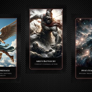 May include: Three illustrated cards with a black background and gold trim. The first card features a winged figure flying through the clouds with the text "Hermes' Message: Communication, Swiftness, Adaptability". The second card features a muscular figure in battle with the text "Ares's Battlecry: Conflict, Courage, Action". The third card features a figure with a starry background and the text "Nyx's Starlit Veil: Mystery, Night, Unseen Forces".