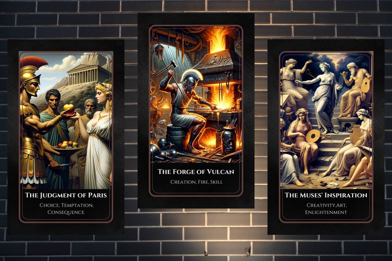 May include: Three illustrated cards with black frames and gold accents. The first card depicts the Judgment of Paris, with a scene of Paris offering an apple to the goddess Aphrodite. The second card shows the Forge of Vulcan, with Vulcan working at his forge. The third card shows the Muses' Inspiration, with the nine muses gathered around a central figure.