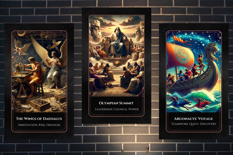 May include: Three illustrated cards with a black background and gold trim. The first card shows a man working on a machine with wings. The text on the card reads "The Wings of Daedalus, Innovation, Risk, Freedom". The second card shows a group of people sitting around a throne. The text on the card reads "Olympian Summit, Leadership, Council, Power". The third card shows a ship sailing on the ocean with a dragon in the water. The text on the card reads "Argonauts' Voyage, Teamwork, Quest, Discovery".