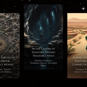 K&ouml;nnte beinhalten: Drei Fantasy-Buchcover mit Text und Bildern. Das erste Cover zeigt ein Schwarzwei&szlig;bild eines netzartigen Musters mit dem Text "Within the Enigma of Chaos, Order Intricately Weaves". Das zweite Cover zeigt eine dunkle H&ouml;hle mit leuchtenden Figuren und dem Text "In the Cavern of Shadows, Hidden Treasures Await". Das dritte Cover zeigt eine W&uuml;stenlandschaft mit zwei Figuren, die auf eine gr&uuml;ne Oase zulaufen, mit dem Text "Across the Desert of Solitude, Oasis of Connection Emerges".