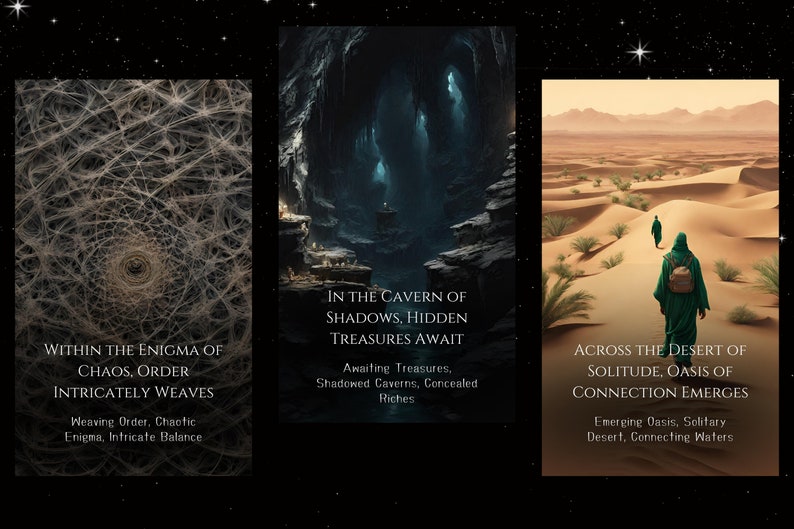 K&ouml;nnte beinhalten: Drei Fantasy-Buchcover mit Text und Bildern. Das erste Cover zeigt ein Schwarzwei&szlig;bild eines netzartigen Musters mit dem Text "Within the Enigma of Chaos, Order Intricately Weaves". Das zweite Cover zeigt eine dunkle H&ouml;hle mit leuchtenden Figuren und dem Text "In the Cavern of Shadows, Hidden Treasures Await". Das dritte Cover zeigt eine W&uuml;stenlandschaft mit zwei Figuren, die auf eine gr&uuml;ne Oase zulaufen, mit dem Text "Across the Desert of Solitude, Oasis of Connection Emerges".