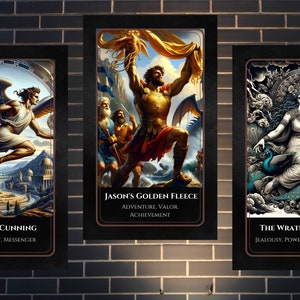 May include: Three illustrated cards with a black background and gold trim. The first card features a winged figure flying over a landscape. The second card features a man holding a golden fleece. The third card features a woman sitting on a throne with peacocks. The text on the cards reads "Hermes' Cunning", "Jason's Golden Fleece", and "The Wrath of Hera".